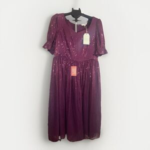 Ivy City Co Clara Dress Plum Sequins Fit Flare Puff Sleeve Holiday XXL NWT
